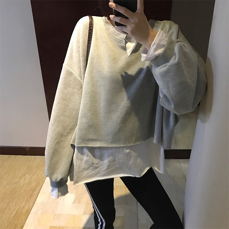 Real price new autumn and winter loose and fake two piece stitched sweater + elastic thread thin versatile Leggings
