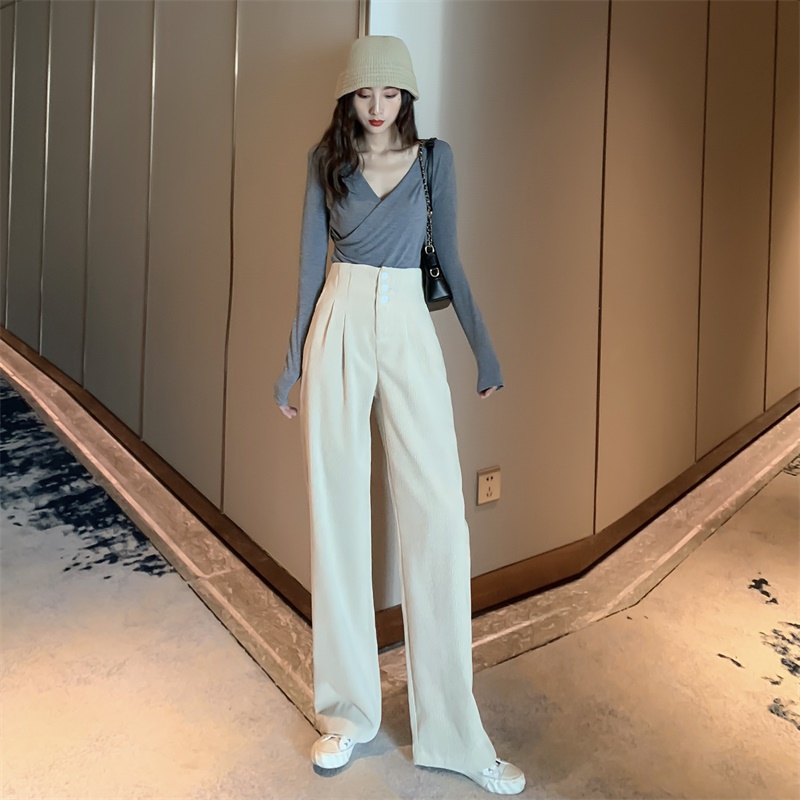 Real price Korean wide leg pants high waist loose straight pants drop feeling thickened corduroy pants