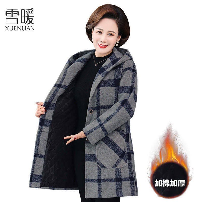 雪暖中老年秋冬季毛呢外套女妈妈装冬装加棉加厚呢子大衣中长款