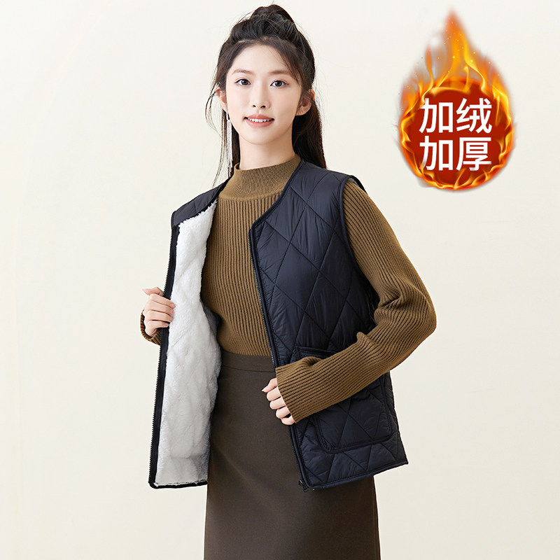 羽绒棉马甲拉链款V领羊羔绒内胆