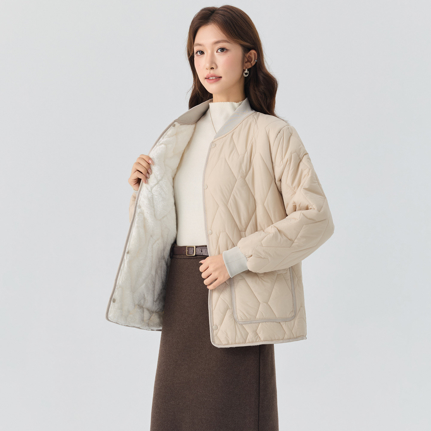 秋冬菱格加绒羊羔绒短款女棉服