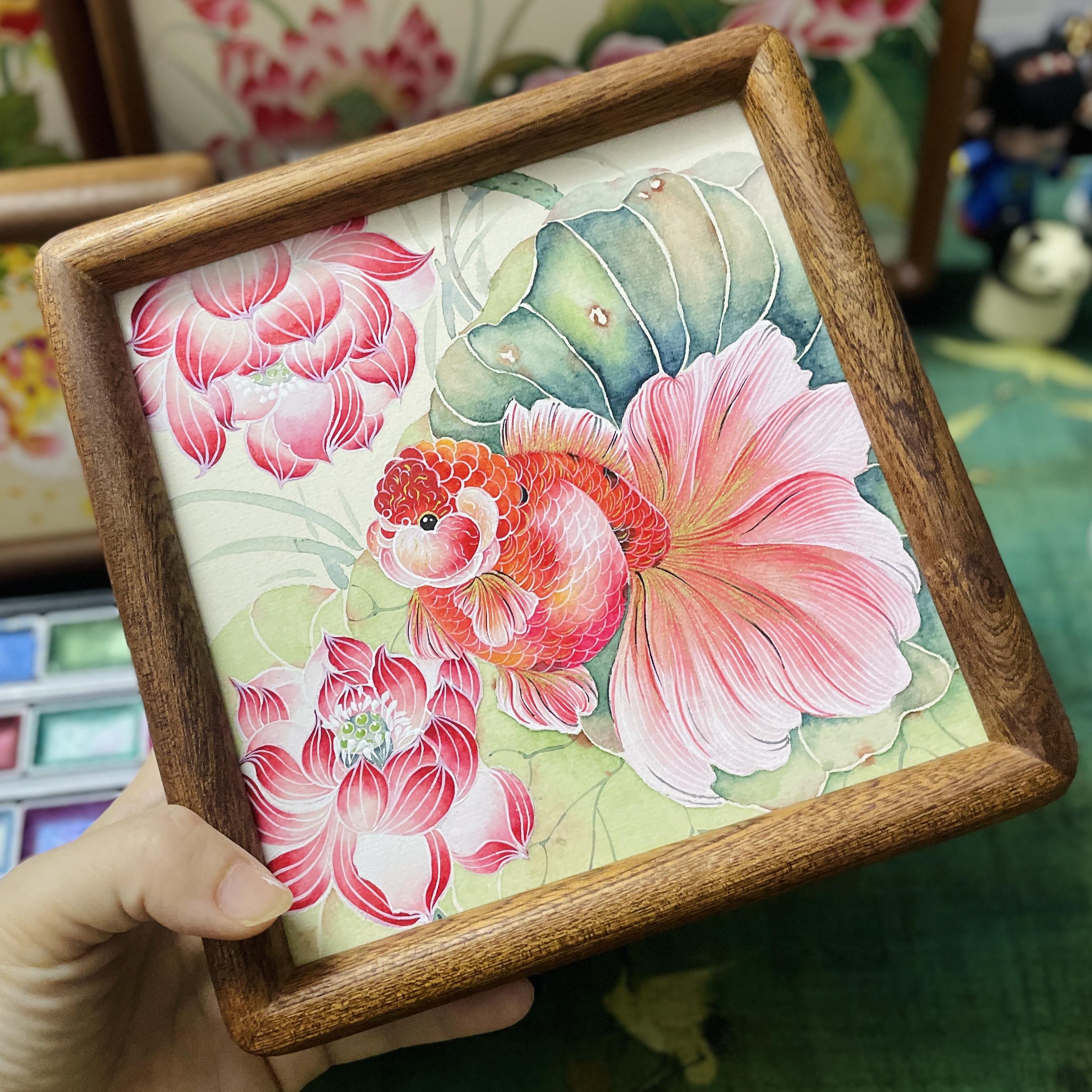 荷花金鱼纯手绘国风摆件新中式客厅茶室装饰画国画送礼佳品图片