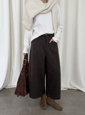 ICC 气质通勤风羊毛呢料微弯刀裤复合绒休闲八分裤十三行冬款1624