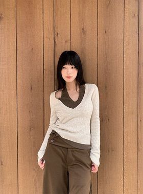 誉一新款2025秋冬假两件深V领针织衫女拼接挂脖长袖毛衣女cm1427