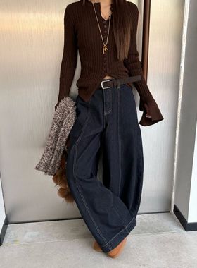 ICC 美式复古黑金色弯刀裤女大版型植绒牛仔裤女十三行冬款10641