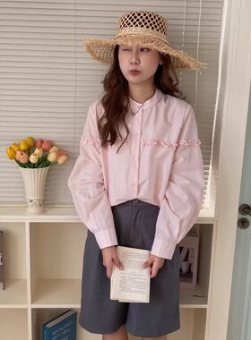 2026年新款春装女衬衫休闲宽松上衣长袖衬衣木耳花边260002