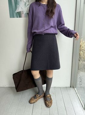ICC 广州十三行复古格纹50%羊毛半身裙后开叉显瘦休闲中裙女0999
