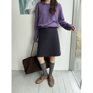 ICC 广州十三行复古格纹50%羊毛半身裙后开叉显瘦休闲中裙女0999