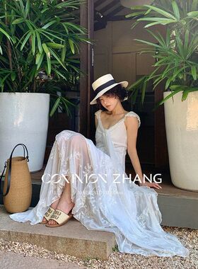 CZ ZHANG春网纱蕾丝拼接V领吊带连衣裙女甜美提花大摆长裙 C16346