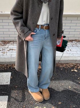 3th Morning 含腰带 韩系高腰显瘦宽松直筒加绒牛仔裤ZY3671