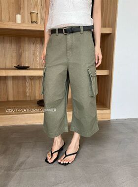 T台/T-PLATFORM 多口袋工装裤女复古美式工装八分裤百搭裤子16526