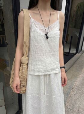 韩迅 温柔又随性 精致蕾丝拼接V领亚麻透气吊带衫女2026夏款26701