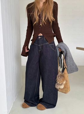 ICC 美式植绒黑金色阔腿裤冬季显瘦直筒牛仔裤女广州十三行10618