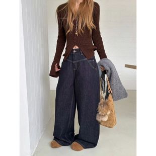 显瘦直筒牛仔裤 ICC 冬季 植绒黑金色阔腿裤 女广州十三行10618 美式