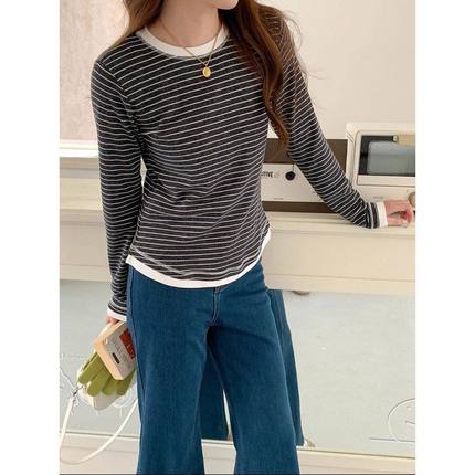 3th Morning 假两件既视感 磨毛细条纹撞色打底衫T恤ZY3700