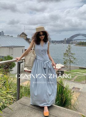 CZ ZHANG 法式温柔风气质v领连衣裙女系带收腰显瘦A子长裙C16883