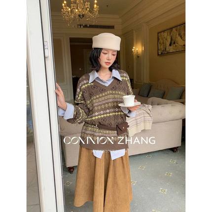 CZ ZHANG秋冬学院风羊毛V领提花毛衣女宽松休闲套头针织衫 B45251