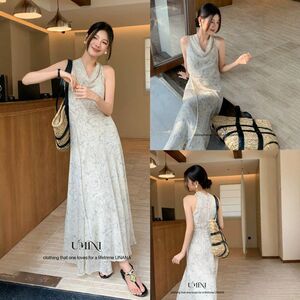 U+MINI十三行UNANA新品F9228度假风松弛感气质荡领无袖印花连衣裙