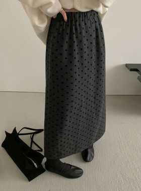 TG 韩系吸睛波点毛呢半身裙2025秋冬新款松紧腰显瘦直筒长裙25853