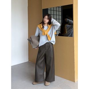 直筒休闲裤 ICC 简约气质显瘦pu皮裤 延续复合绒 女小个子0918A 爆款