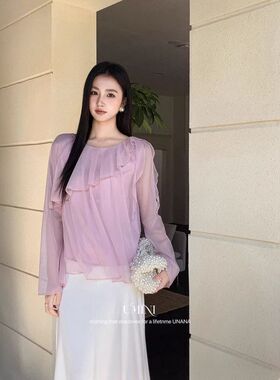 U+MINI十三行D5635新品法式设计感飘逸柔纱显瘦长袖小衫雪纺衫
