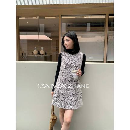 CZ ZHANG秋冬羊毛粗花呢提花修身连衣裙女叠层甜美小短裙 B46119