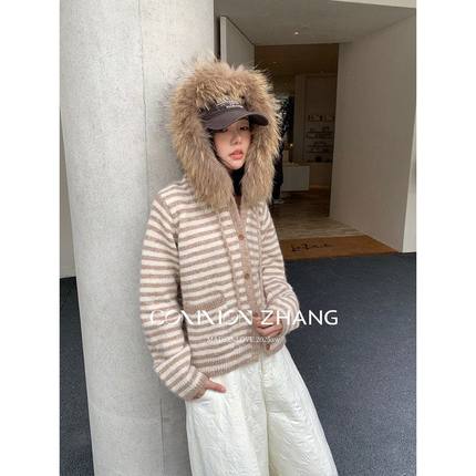 CZ ZHANG秋冬条纹羊毛针织开衫女连帽貂毛领毛衣卫衣外套 B45181