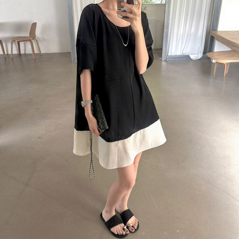 黎诺韩系小香感拼接连衣裙女夏