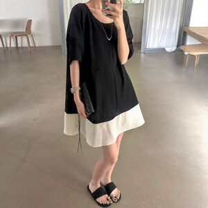 黎诺韩系小香感拼接连衣裙女夏2026新款设计感蝴蝶结宽松显瘦裙子