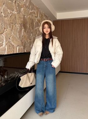 ICC 植绒复古深蓝显瘦直筒裤简约百搭宽松牛仔裤子女十三行10584