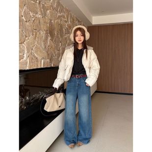 子女十三行10584 简约百搭宽松牛仔裤 ICC 植绒复古深蓝显瘦直筒裤