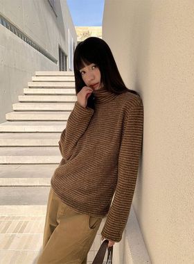 誉一新款2025秋冬韩系复古高领t恤女磨毛条纹打底衫上衣女m3853