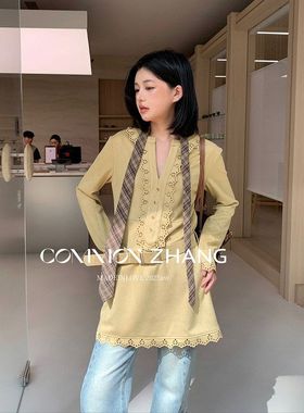 CZ ZHANG秋冬假两件鹿皮绒花边V领长袖连衣裙女名媛小短裙 B46142