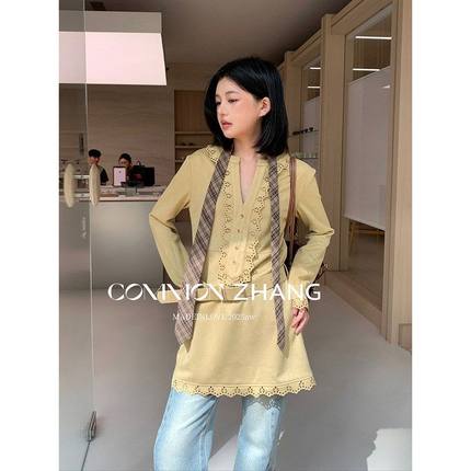 CZ ZHANG秋冬假两件鹿皮绒花边V领长袖连衣裙女名媛小短裙 B46142