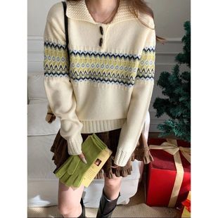 费尔岛提花翻领宽松毛衣针织衫 北欧博主 ZY3802 Morning 3th