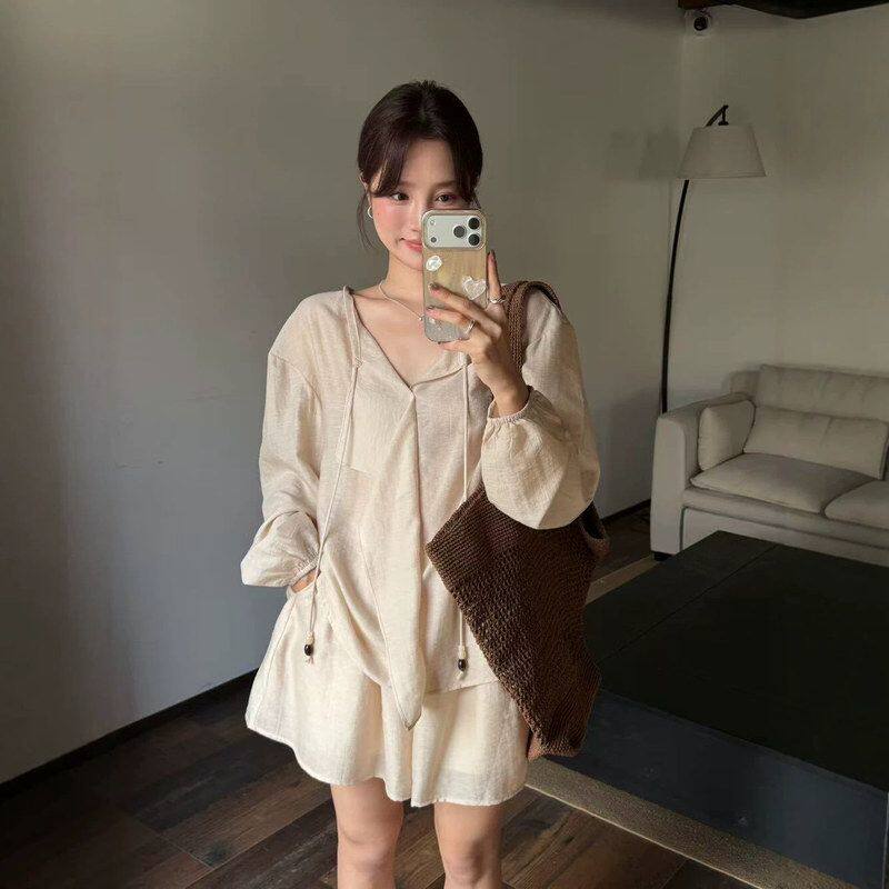 凯羽尚夏 韩系休闲防晒套装女灯笼袖法式时尚长袖衬衣短裤两件套
