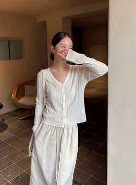 TG 温柔欧尼 坑条镂空修身波浪花边针织V领开衫女2026夏新款26752