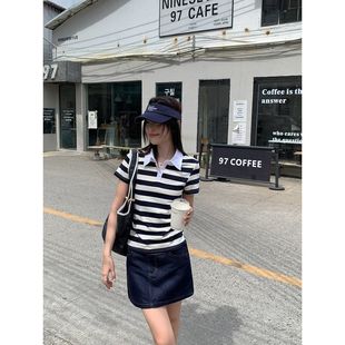 上衣 趋梦DT ETOLIE学院风拼接条纹短袖 polo衫 女正肩t恤女翻领修身