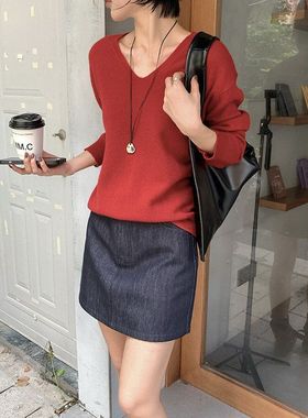 MMC DITION红色毛衣女秋冬新款套头宽松慵懒v领100羊毛软糯针织衫