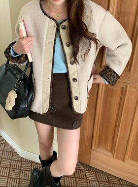 3th Morning 韩女氛围 豹纹拼接仿羊羔毛皮毛一体外套ZY3731