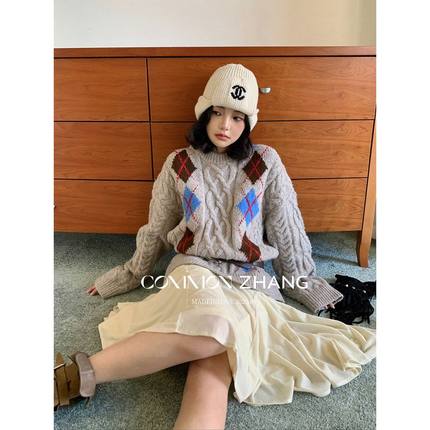 CZ ZHANG秋冬加厚保暖羊毛套头麻花毛衣女慵懒风提花针织衫B45263