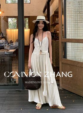 CZ ZHANG 法式度假风无袖吊带连衣裙女肌理感露背显瘦长裙C16128