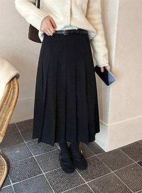 TG 经典复古学院显瘦毛呢百褶半身裙女2025冬季新款A字长裙26013