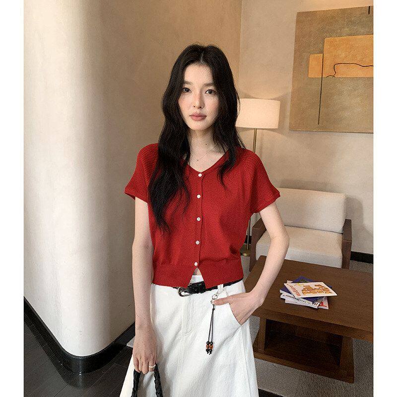 MMC 短袖针织开衫女春季新款广州十三行韩系v领修身显瘦短款上衣