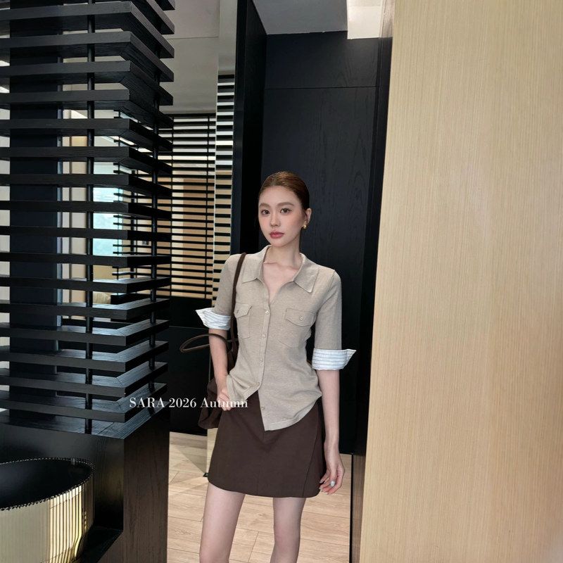 凯羽尚秋装翻领针织衬衫中袖女老钱风修身中袖高级感针织衫上衣