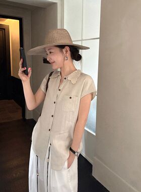 韩迅 知性老钱 亚麻刺绣翻领复古纽扣透气衬衫女2026夏新款26886
