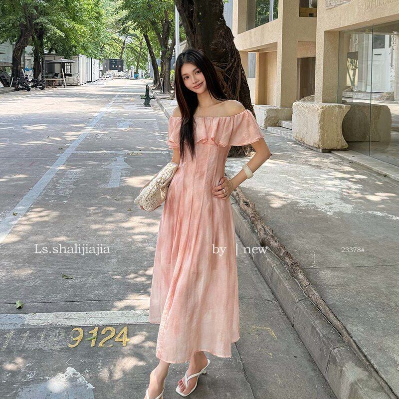 LS甜美晕染一字肩修身连衣裙广州