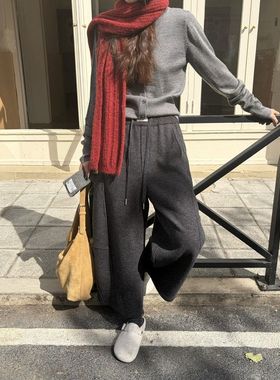 ICC 冬季保暖软糯绵羊毛呢微弯刀裤茧型休闲九分裤女十三行1702A