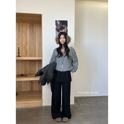 T-PLATFORM 早秋羊毛层次感裙片屁帘裤女高腰显瘦阔腿休闲裤83388