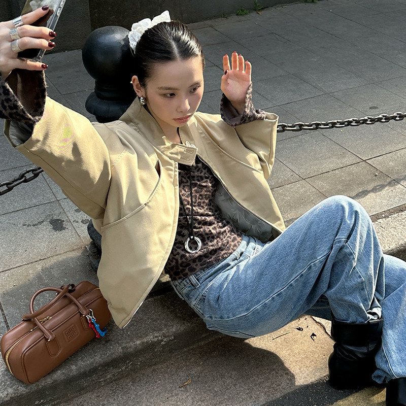 MMFISH时髦洋气质感廓形双拉链设计感小立领夹克夹棉面包服24W396